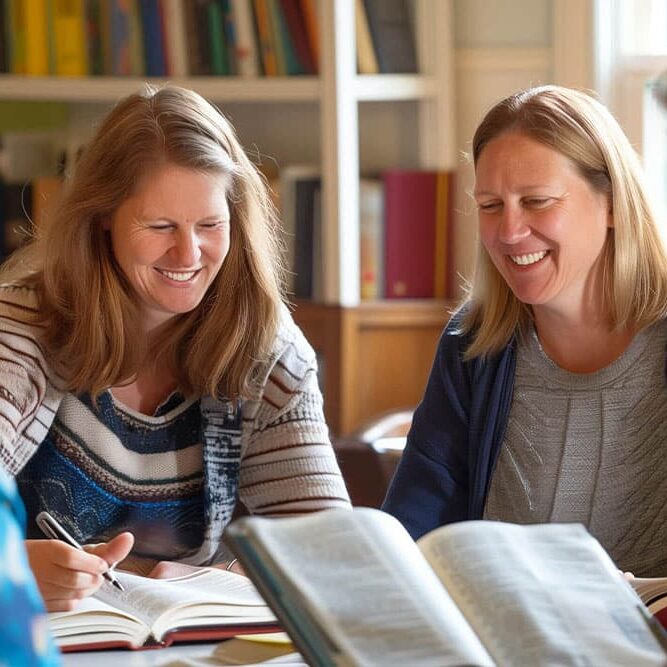 smiling women having bible study